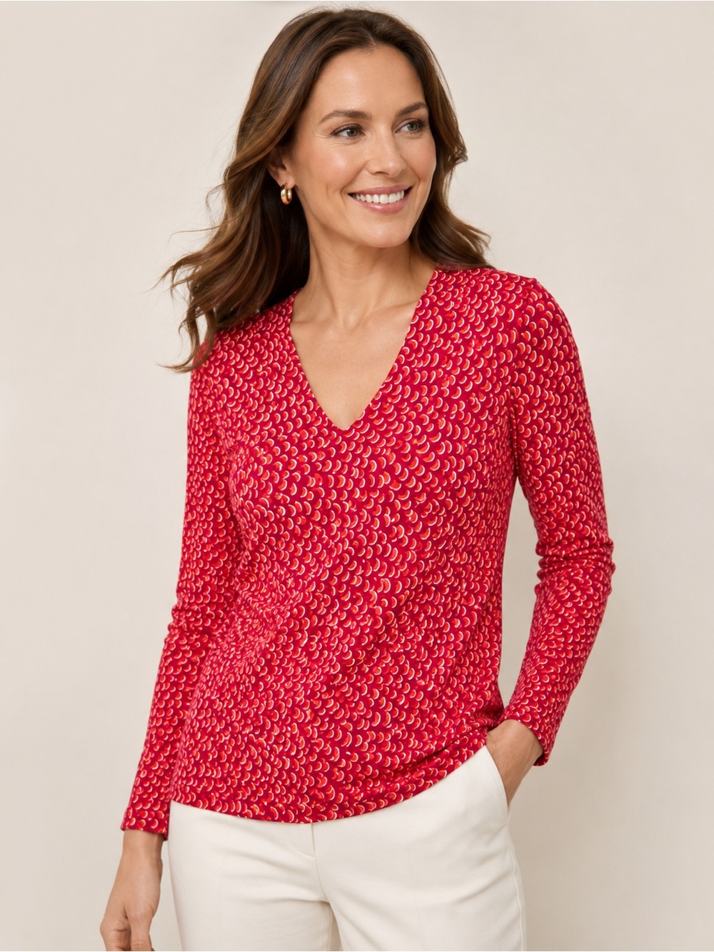 Hobbs London Pink Coral Geometric V-Neck Top Medium